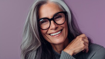 Smiling woman with gray hair and black glasses wearing a gray sweater against a purple background.