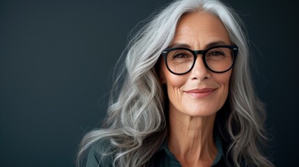 A woman with gray hair wearing black glasses smiling with a gentle expression set against a dark background.