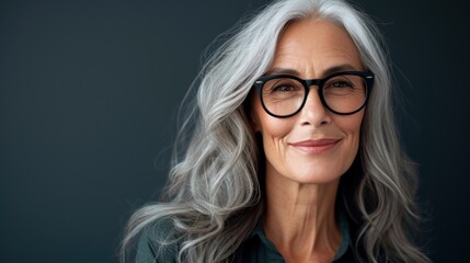 Obraz premium A woman with gray hair wearing black glasses smiling with a gentle expression set against a dark background.