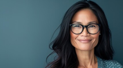A woman with long dark hair and glasses smiling against a blue background.
