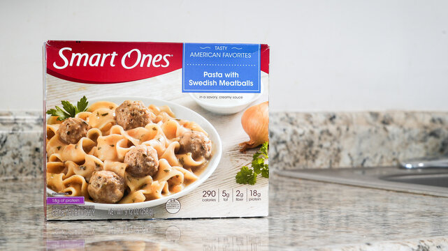 NORWALK, CT, USA - FEBRUARY 6, 2024:  Box with pasta with swdish meatballs  from Smart Ones brand on kitchen counter