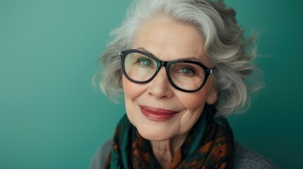 Woman with gray hair wearing glasses and a scarf smiling at the camera against a teal background.