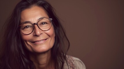 Fototapeta na wymiar A woman with long dark hair wearing glasses smiling at the camera with a warm and inviting expression.
