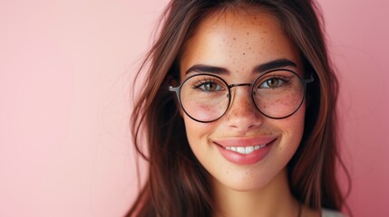Young woman with freckles wearing glasses smiling at camera against pink background.