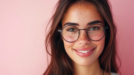 Obraz premium Young woman with freckles wearing glasses smiling at camera against pink background.