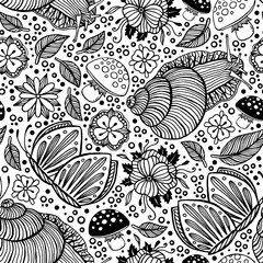 Black and White Hand Drawn Snails Leaves and Flowers. Vector Seamless Pattern