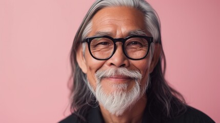 A man with a white beard and mustache wearing glasses smiling against a pink background.