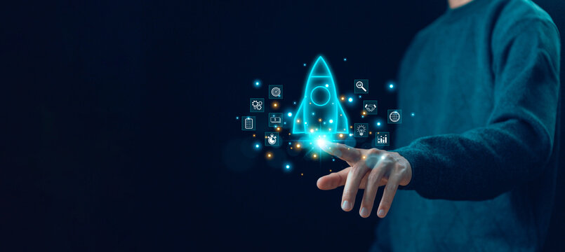 startup entrepreneurship, idea of leadership plan development business projects, launch rockets start flying up. concept of digital technology network line connection, strategy startup growth.