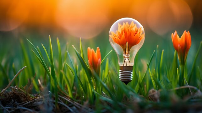 Light bulb inside with a flower in a green field. Tips for saving energy and ecology
