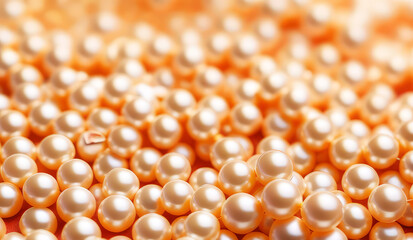 Pile of pearls as a background in peach fuzz color of the year 2024.Beautiful shiny sea pearl.Generative AI