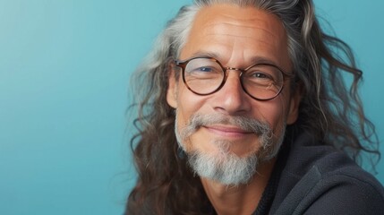 A man with a gray beard and long hair wearing glasses smiling against a blue background.