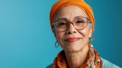 Older woman with glasses orange headscarf and earrings smiling against blue background. - Powered by Adobe