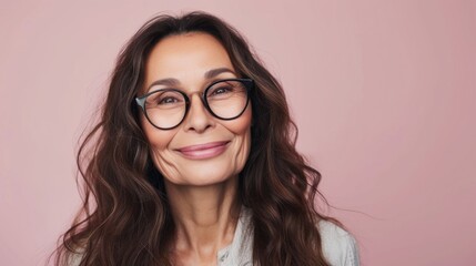 Fototapeta premium Smiling woman with long brown hair and glasses wearing a white top against a soft pink background.