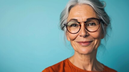 Fototapeta premium Woman with gray hair wearing glasses smiling against blue background.