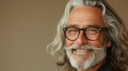 A man with a long gray beard and mustache wearing glasses smiling at the camera against a neutral background.