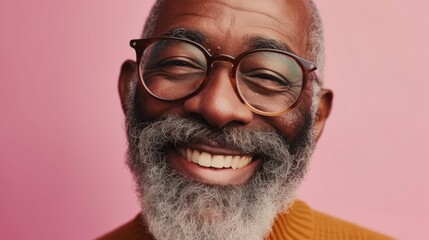 A joyful elderly man with a white beard and glasses smiling broadly against a pink background.