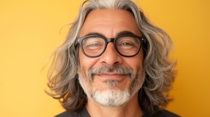 A man with gray hair a beard and glasses smiling against a yellow background.