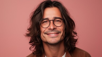 Obraz premium Smiling man with long hair and glasses against a pink background.