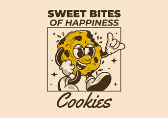 Sweet bites of happiness. Mascot character of a walking cookies in retro style