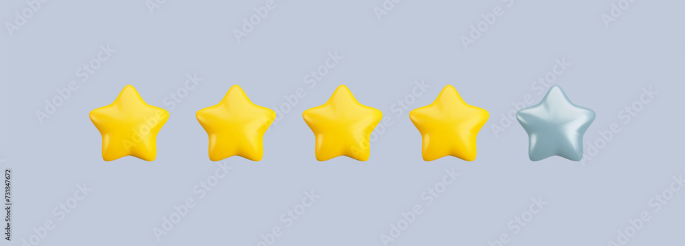 Wall mural vector 3d four stars out of five rating icon. realistic cartoon 3d render customer rating and feedba