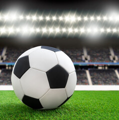 Soccer, sports and a ball on an empty pitch or field for fitness, exercise or training.Football, workout and game at stadium