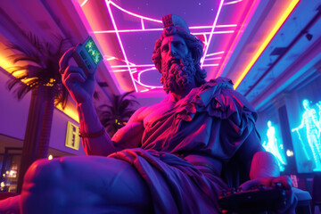 Hades, Lord of the Dead, Dominates the Game, A Greek statue of Hades playing an intense video game, against a gaming room with neon light background.