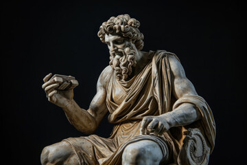 A Greek statue of Hades playing an intense video game, against a jet black background.