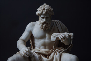 A Greek statue of Hades playing an intense video game, against a jet black background.
