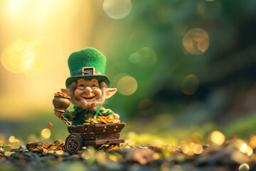 A leprechaun building a tiny wagon to carry pots of gold around in. - obrazy, fototapety, plakaty