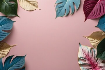 Chic Pink Background with Pink, Blue, and Gold Caladium Leaf Border