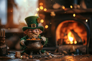 Leprechaun's Simmering Magic, A leprechaun cooking stew in a little cauldron over a fireplace in a small cabin. St. Patrick's Day concept