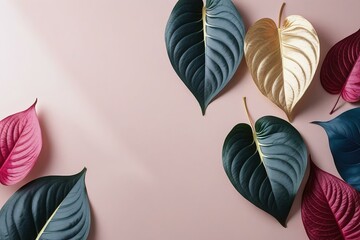Pastel Pink Background with Blue, Deep Red, and Gold Caladium Leaf Decorations