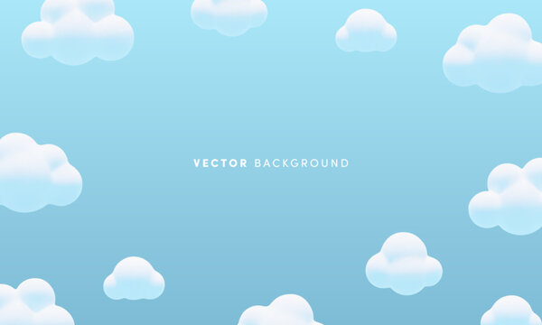 Cute vector background with cartoon 3d white clouds. Minimal 3d fluffy bubbles in blue sky. Trendy abstract nature background for wallpaper, web, decor, design