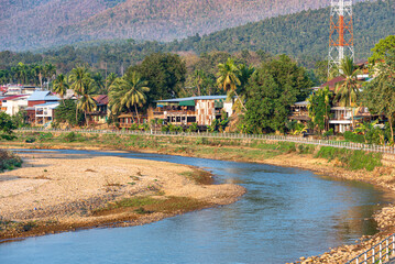 The beautiful small town of Mae Sariang on the Yuan River on the route of Mae Hong Son Loop in...