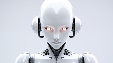 Portrait d'une femme robot humanoïde sur fond blanc. Représentation d'une intelligence artificielle hostile. - obrazy, fototapety, plakaty