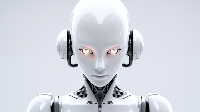 Portrait d'une femme robot humano&iuml;de sur fond blanc. Repr&eacute;sentation d'une intelligence artificielle hostile.