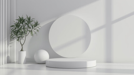 Fototapeta na wymiar Clean background with minimalist white product display podium with plant decor.