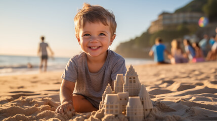 A boy playing in the sand on a sandy beach, building a sandcastle, focused and joyful. - obrazy, fototapety, plakaty
