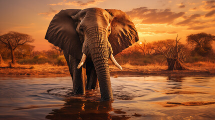 A African elephant bathing in a large, serene waterhole at sunrise. 