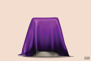Podium covered with a piece of gradient purple to black silk. Realistic box covered with purple cloth. Podium for product, cosmetic presentation. Creative mock up. 3d vector illustration.