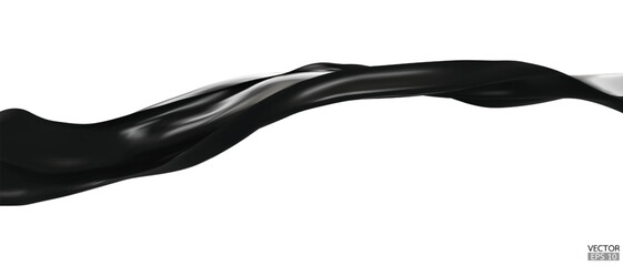 Flying black silk textile fabric flag background. Smooth elegant dark Satin Isolated on white Background for grand opening ceremony. Black curtain. 3d vector illustration