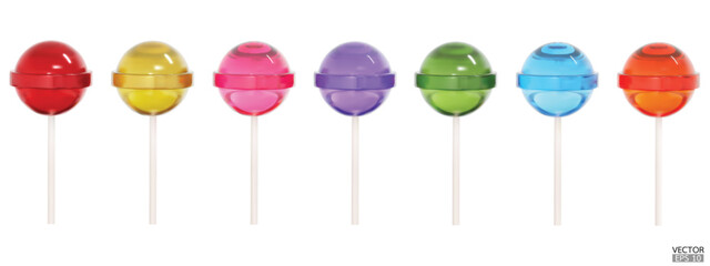 Set of Round colorful sweet lollipops isolated on white background. 3d realistic, colored sugar candies on stick. 3D Vector illustration.