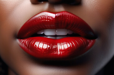 Beautiful plump red lips of a black woman and snow-white teeth. - obrazy, fototapety, plakaty
