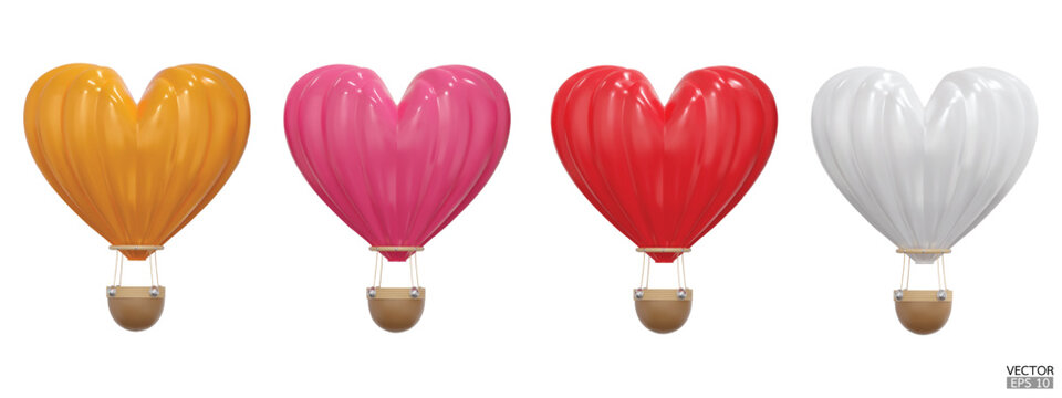 3D Colorful hot air heart balloons with baskets travel isolated on white background. Summer heart balloon journey. 3D vector illustration.