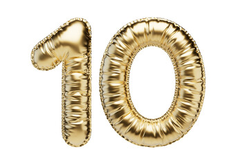 10. Glossy inflatable balloon with the number ten. Golden volumetric numbers isolated on a transparent background. For anniversaries, birthdays, sales, greeting cards.