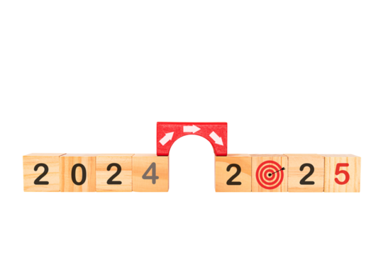 Transition years 2024 to 2025 on wooden blocks with copy space. To prepare for the new year changes and start thinking about strategies and new business goals.PNG