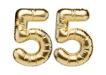 55. Glossy inflatable balloon with the number fifty-five. Golden volumetric numbers isolated on a transparent background. For anniversaries, birthdays, sales, greeting cards.