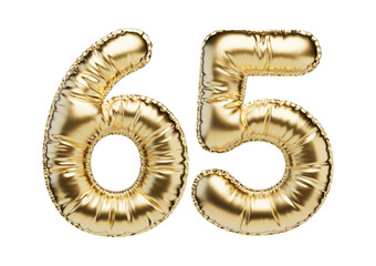65. Glossy inflatable balloon with the number sixty-five. Golden volumetric numbers isolated on a transparent background. For anniversaries, birthdays, sales, greeting cards.