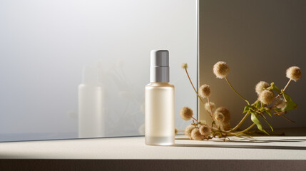 Serum cosmetic bottle mockup with leaves, shadow from sun, natural light from windows,product presentation