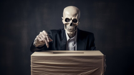 Human skeleton drops a ballot into a ballot box at a polling place